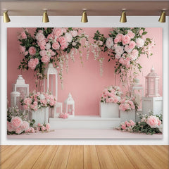 Lofaris Elegant Pink and White Floral Photography Backdrop with Roses and Lanterns, Studio Background for Romantic Portraits