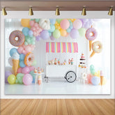 Lofaris Pastel Sweet Shop Birthday Backdrop with Balloons, Donuts and Ice Cream, Dessert Cart Photography Background for Party Decor