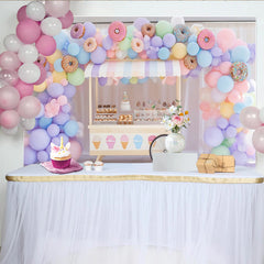Lofaris Pastel Donut Birthday Backdrop with Balloon Arch, Sweet Dessert Cart Decor for Kids Party