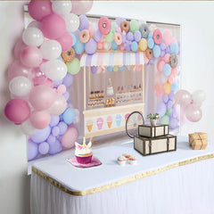Lofaris Pastel Donut Birthday Backdrop with Balloon Arch, Sweet Dessert Cart Decor for Kids Party