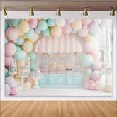 Create Pastel Balloon Dessert Cart Birthday Backdrop, Whimsical Party Decor for Cake Smash Photoshoot