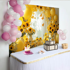 Lofaris Yellow Sunflower Photography Backdrop with Balloons and Butterflies, Elegant Studio Background for Spring Photoshoot