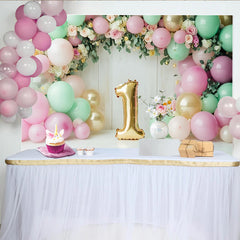 Lofaris Pink and Mint Green 1st Birthday Backdrop with Gold Number One Balloon, Floral Garland Photography Background for Baby Girl Cake Smash