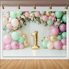 Lofaris Pink and Mint Green 1st Birthday Backdrop with Gold Number One Balloon, Floral Garland Photography Background for Baby Girl Cake Smash