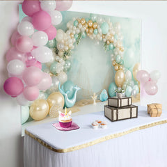 Lofaris Mint Green and Gold Mermaid Birthday Backdrop with Balloons, Ocean Theme Photography Background for Girls Party Decoration