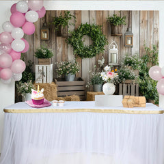 Lofaris Rustic Wood Wall Photography Backdrop with Greenery and White Flowers, Elegant Studio Background for Farmhouse Photoshoot