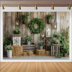 Lofaris Rustic Wood Wall Photography Backdrop with Greenery and White Flowers, Elegant Studio Background for Farmhouse Photoshoot