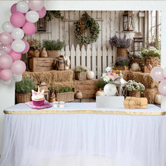 Lofaris Rustic Farmhouse Photography Backdrop with Hay Bales and Pumpkins, Elegant Floral Wall Tapestry for Autumn Photoshoot