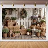 Lofaris Rustic Farmhouse Photography Backdrop with Hay Bales and Pumpkins, Elegant Floral Wall Tapestry for Autumn Photoshoot