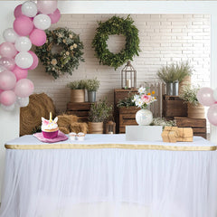 Lofaris Rustic Farmhouse Photography Backdrop with Wood Crates and Wreaths, Natural White Brick Wall Decor for Portrait Photoshoot