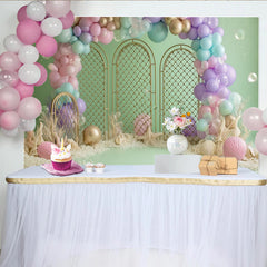 Lofaris Pastel Mermaid Birthday Backdrop with Golden Arches and Seashells, Dreamy Under the Sea Party Background for Girls
