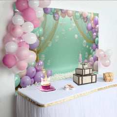 Create Pastel Balloon Birthday Backdrop with Cake Smash Decor, Mint Green Party Background for First Birthday Photoshoot