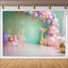 Lofaris Mermaid Birthday Backdrop with Pastel Balloons and Gold Tail, Magical Underwater Party Decor for Girl Photoshoot