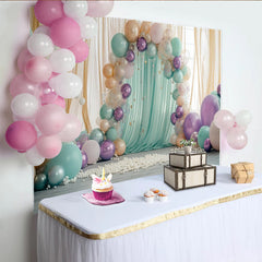 Lofaris Mint Green and Purple Balloon Photography Backdrop, Elegant Draped Fabric Wall Decor for Professional Studio Portrait