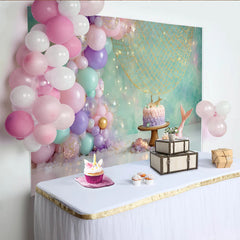 Lofaris Mermaid Birthday Backdrop with Pastel Balloons and Fishing Net, Magical Party Decor for Girl Cake Smash Photoshoot