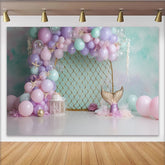 Lofaris Pastel Mermaid Birthday Backdrop with Balloons and Starfish, Dreamy Underwater Photography Background for Party Decoration