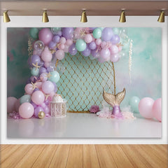 Lofaris Pastel Mermaid Birthday Backdrop with Balloons and Starfish, Dreamy Underwater Photography Background for Party Decoration