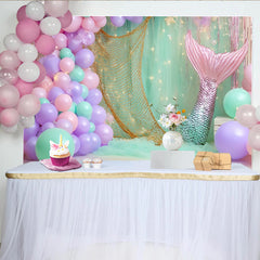 Lofaris Mermaid Birthday Backdrop with Pastel Balloons and Tail, Magical Underwater Party Decor for Kids Photoshoot