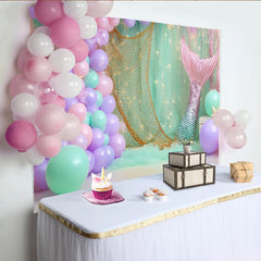 Lofaris Mermaid Birthday Backdrop with Pastel Balloons and Tail, Magical Underwater Party Decor for Kids Photoshoot