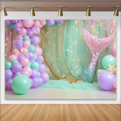 Lofaris Mermaid Birthday Backdrop with Pastel Balloons and Tail, Magical Underwater Party Decor for Kids Photoshoot