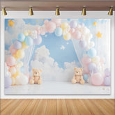 Lofaris Pastel Teddy Bear Baby Shower Backdrop with Clouds and Stars, Dreamy Photo Booth Background for Newborn Photography