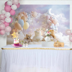 Lofaris Dreamy Teddy Bear Birthday Backdrop for Baby Cake Smash, Pastel Balloons and Moon Cloud Background for Photoshoot
