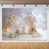 Lofaris Dreamy Teddy Bear Birthday Backdrop for Baby Cake Smash, Pastel Balloons and Moon Cloud Background for Photoshoot