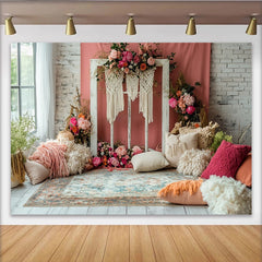 Lofaris Boho Floral Photography Backdrop with Pink Flowers and Macrame Window Frame, Rustic Studio Background for Artistic Portrait Photoshoot