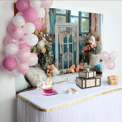 Lofaris Boho Floral Window Photography Backdrop with Macrame and Peach Flowers, Elegant Studio Background for Photoshoot and Event Decor