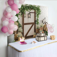 Lofaris Rustic Barn Door Photography Backdrop with Greenery and White Brick Wall, Elegant Studio Background for Farmhouse Theme Photoshoot
