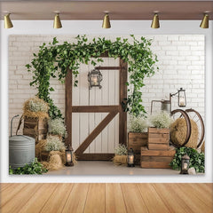 Lofaris Rustic Barn Door Photography Backdrop with Greenery and White Brick Wall, Elegant Studio Background for Farmhouse Theme Photoshoot