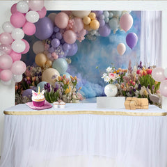 Lofaris Pastel Balloon and Tulip Photography Backdrop with Clouds, Dreamy Floral Background for Studio Portrait