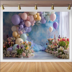 Lofaris Pastel Balloon and Tulip Photography Backdrop with Clouds, Dreamy Floral Background for Studio Portrait
