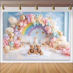 Lofaris Rainbow Teddy Bear Baby Shower Backdrop with Pastel Balloons and Clouds, Dreamy Photography Background for Newborn or Kids Party Decor