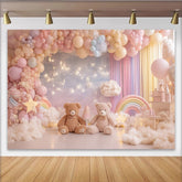 Lofaris Pastel Teddy Bear Baby Shower Backdrop with Balloons and Twinkling Stars, Dreamy Photography Background for Newborn Party Decor