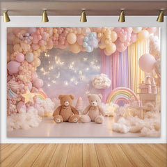 Lofaris Pastel Teddy Bear Baby Shower Backdrop with Balloons and Twinkling Stars, Dreamy Photography Background for Newborn Party Decor