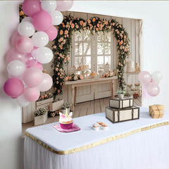 Lofaris Elegant Floral Arch Wedding Backdrop with Peach Roses and Rustic Wood, Photo Booth Prop for Bridal Shower and Party Decoration