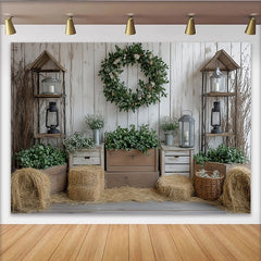 Lofaris Rustic Farmhouse Photography Backdrop with White Wood and Green Wreath, Cozy Studio Background for Portrait Photoshoot and Party Decor