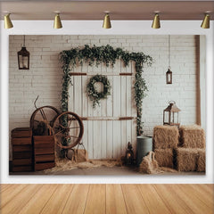 Lofaris Rustic Farmhouse Photography Backdrop with White Brick Wall and Greenery, Vintage Barn Door Background for Studio Photoshoot
