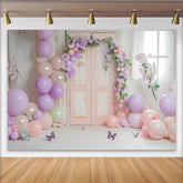 Lofaris Pastel Floral Door Photography Backdrop with Balloons, Dreamy Studio Background for Spring Portrait Photoshoot
