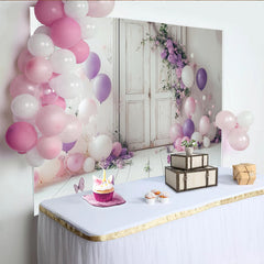 Lofaris Floral Portrait Backdrop with Purple Balloons and Butterflies, Elegant White Door Decor for Professional Studio Photoshoot