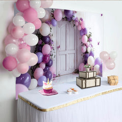 Lofaris Purple and Pink Balloon Photography Backdrop with White Door, Floral Party Decor for Studio Photoshoot