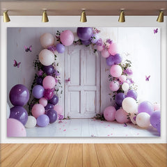 Lofaris Purple and Pink Balloon Photography Backdrop with White Door, Floral Party Decor for Studio Photoshoot