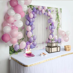 Lofaris Pink Purple Balloon Floral Birthday Backdrop for Girls, Whimsical Wooden Wall Background for Party Decor