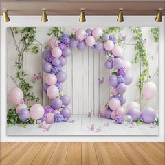 Lofaris Pink Purple Balloon Floral Birthday Backdrop for Girls, Whimsical Wooden Wall Background for Party Decor