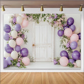 Lofaris Rustic White Door Floral Balloon Birthday Backdrop, Purple Pink Cream Party Decor for Photoshoot
