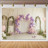 Lofaris Rustic Floral Balloon Birthday Backdrop with Lavender and Pink, Elegant Studio Background for Party Photoshoot
