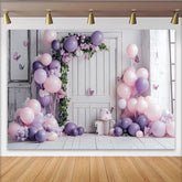 Lofaris Pink Purple Balloon Birthday Backdrop with Floral Arch and Butterflies, Elegant Photo Background for Girl Party Decoration
