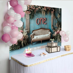 Lofaris Rustic Blue One 1st Birthday Backdrop with Pink Floral and Sofa, Elegant Vintage Photography Background for Baby Photoshoot