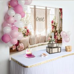 Lofaris Pink and White Floral Boho 1st Birthday Backdrop, Elegant Photography Background for Cake Smash Party Decor